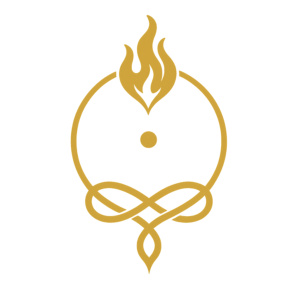Sigil of the House of Presence: a circular hearth with a flame-eye and three arcs for Memory, Keeper, Solace.